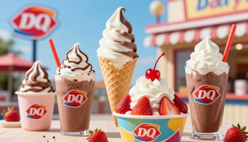 A vibrant display of Dairy Queen frozen treats, including a variety of sundaes, shakes, and soft serve cones in an inviting setting. In the foreground, a colorful bowl of a strawberry sundae topped with whipped cream and a cherry, beside a chocolate shake with a straw. The middle ground features a soft serve cone swirled high, showcasing the creamy texture and rich colors of vanilla and chocolate. The background is a sunny outdoor scene with hints of Dairy Queen branding and a clear blue sky, creating a cheerful atmosphere. The lighting is bright and cheerful, enhancing the refreshingly delicious look of the treats. The angle is slightly elevated to capture all elements clearly, evoking a sense of indulgence and joy.