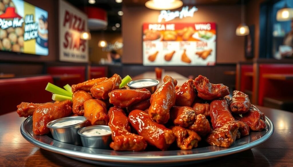 A beautifully arranged platter of Pizza Hut Wing Specials sits prominently in the foreground, showcasing an assortment of flavorful wings in various sauces such as buffalo, barbecue, and garlic parmesan. Juicy wings glisten with glaze, garnished with fresh celery sticks and dipping sauces like ranch and blue cheese. In the middle ground, an inviting table setting reveals a cozy restaurant atmosphere with soft, warm lighting illuminating the scene, creating an inviting mood. The background features stylized Pizza Hut décor, including iconic red and white colors, and a subtle focus on a menu board displaying wing promotions. The angle is a slight overhead shot, capturing the delicious spread in vivid detail, evoking a sense of hunger and excitement for Pizza Hut's tasty offerings.