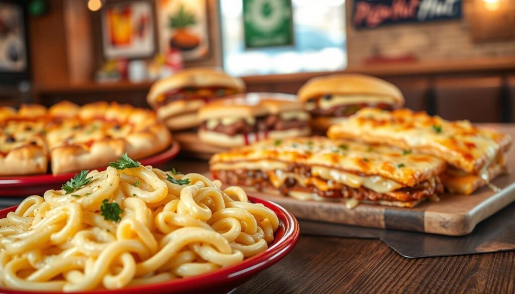 A mouthwatering assortment of Pizza Hut's hearty options featuring a variety of pasta dishes, cheesy melts, and other comfort foods. In the foreground, a creamy fettuccine Alfredo garnished with parsley, paired with a bubbling, cheesy stuffed crust pizza. In the middle ground, a selection of savory melts with layers of gooey cheese and hearty fillings, arranged on a rustic wooden table. The background should showcase a warm, inviting restaurant atmosphere with soft lighting, creating a cozy ambiance. Soft focus on the background to emphasize the delicious food in the foreground. Shot from a slightly elevated angle, highlighting the textures of the pasta and melts. Aim for a vibrant and appetizing mood that captures the essence of comfort food.