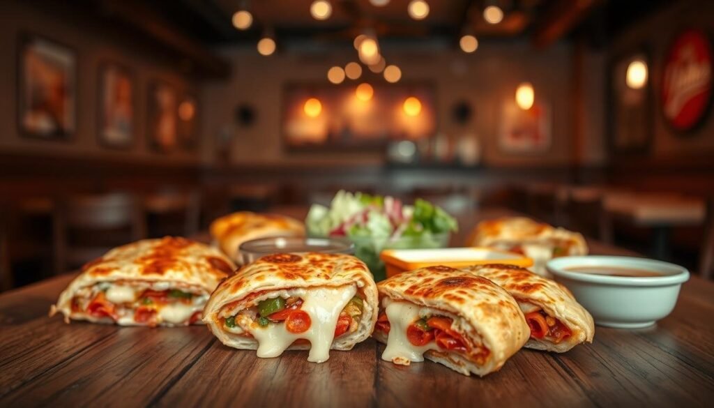 A stunning close-up of a variety of Pizza Hut Melts, elegantly arranged on a rustic wooden table. In the foreground, showcase a selection of melts with gooey cheese stretching as they are pulled apart, emphasizing their appetizing filling of pepperoni, vegetables, and cheese. In the middle ground, include a fresh side salad and dipping sauces in vibrant bowls, creating a colorful contrast. The background should feature a cozy Pizza Hut restaurant interior softly lit by warm overhead lights, enhancing the inviting atmosphere. Use a shallow depth of field to keep the focus on the food while softly blurring the background. Capture a warm, friendly mood that invites viewers to enjoy a delicious meal. A stunning close-up of a variety of Pizza Hut Melts, elegantly arranged on a rustic wooden table. In the foreground, showcase a selection of melts with gooey cheese stretching as they are pulled apart, emphasizing their appetizing filling of pepperoni, vegetables, and cheese. In the middle ground, include a fresh side salad and dipping sauces in vibrant bowls, creating a colorful contrast. The background should feature a cozy Pizza Hut restaurant interior softly lit by warm overhead lights, enhancing the inviting atmosphere. Use a shallow depth of field to keep the focus on the food while softly blurring the background. Capture a warm, friendly mood that invites viewers to enjoy a delicious meal.