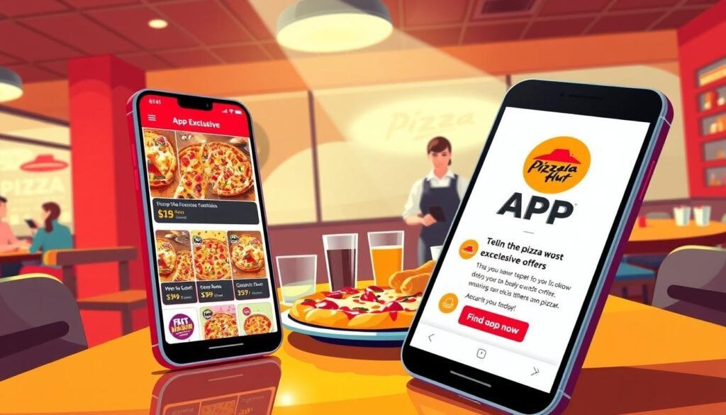 A vibrant and inviting illustration focused on Pizza Hut's app-exclusive offers. Foreground: A smartphone displaying the Pizza Hut app, featuring colorful images of delicious pizzas, topped with fresh ingredients and attractive discounts. Middle: A cozy dining table set with a steaming hot pizza, a side of gooey cheesy breadsticks, and drinks, reflecting the idea of enjoying a meal with friends or family. Background: A warm, softly lit pizza restaurant interior, with friendly staff members in professional attire attending to customers, suggesting a bustling but welcoming atmosphere. The lighting is bright and cheerful, capturing the excitement of finding great promotions. The angle is slightly elevated, showcasing both the app and the delicious food in a way that feels dynamic and engaging. A vibrant and inviting illustration focused on Pizza Hut's app-exclusive offers. Foreground: A smartphone displaying the Pizza Hut app, featuring colorful images of delicious pizzas, topped with fresh ingredients and attractive discounts. Middle: A cozy dining table set with a steaming hot pizza, a side of gooey cheesy breadsticks, and drinks, reflecting the idea of enjoying a meal with friends or family. Background: A warm, softly lit pizza restaurant interior, with friendly staff members in professional attire attending to customers, suggesting a bustling but welcoming atmosphere. The lighting is bright and cheerful, capturing the excitement of finding great promotions. The angle is slightly elevated, showcasing both the app and the delicious food in a way that feels dynamic and engaging.