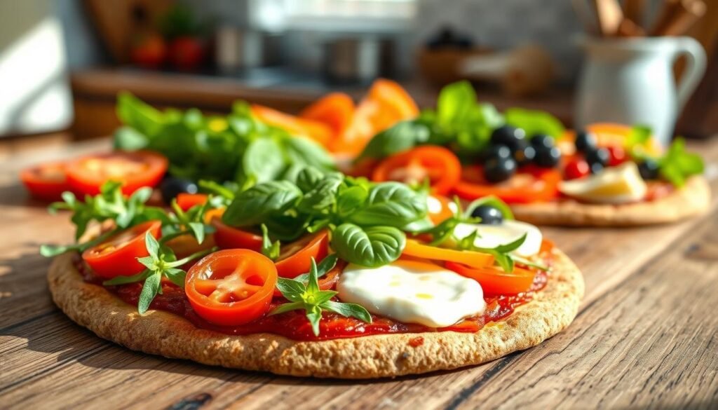 A vibrant, mouth-watering display of healthy pizza toppings arranged artistically on a rustic wooden table. In the foreground, a close-up of a whole wheat pizza crust topped with a colorful medley of fresh ingredients: bright red cherry tomatoes, crisp arugula, thinly sliced bell peppers, and creamy mozzarella. In the middle ground, vibrant basil leaves and black olives add depth and contrast, while a light drizzle of olive oil glistens on top. The background features softly blurred kitchen elements, hinting at a warm, inviting atmosphere. Natural daylight streams in, casting gentle highlights that enhance the freshness of the toppings. The image evokes a sense of healthiness and indulgence, making it perfect for nutrition-conscious diners seeking delicious and wholesome options.