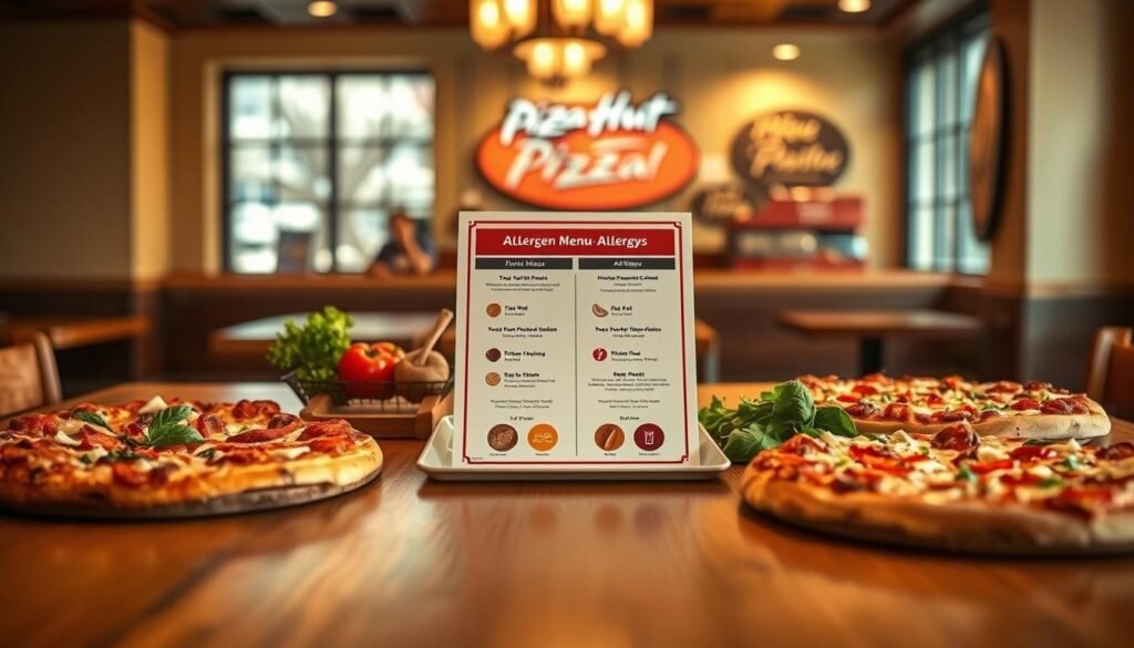 A visually engaging depiction of the Pizza Hut allergen menu focusing on tree nut and peanut allergy considerations. In the foreground, a beautifully crafted wooden table displays an array of delicious pizza options, clearly labeled with icons indicating safe choices for tree nut and peanut allergies. In the middle, a professional-looking menu rests alongside vibrant ingredients like fresh vegetables and safe sauces. The background features a warm, inviting Pizza Hut interior with soft lighting, highlighting the cozy atmosphere. Use a shallow depth of field to emphasize the menu and pizza while slightly blurring the background, creating a comforting yet informative mood. The scene should convey safety and inclusivity in dining options for those with allergies. A visually engaging depiction of the Pizza Hut allergen menu focusing on tree nut and peanut allergy considerations. In the foreground, a beautifully crafted wooden table displays an array of delicious pizza options, clearly labeled with icons indicating safe choices for tree nut and peanut allergies. In the middle, a professional-looking menu rests alongside vibrant ingredients like fresh vegetables and safe sauces. The background features a warm, inviting Pizza Hut interior with soft lighting, highlighting the cozy atmosphere. Use a shallow depth of field to emphasize the menu and pizza while slightly blurring the background, creating a comforting yet informative mood. The scene should convey safety and inclusivity in dining options for those with allergies.