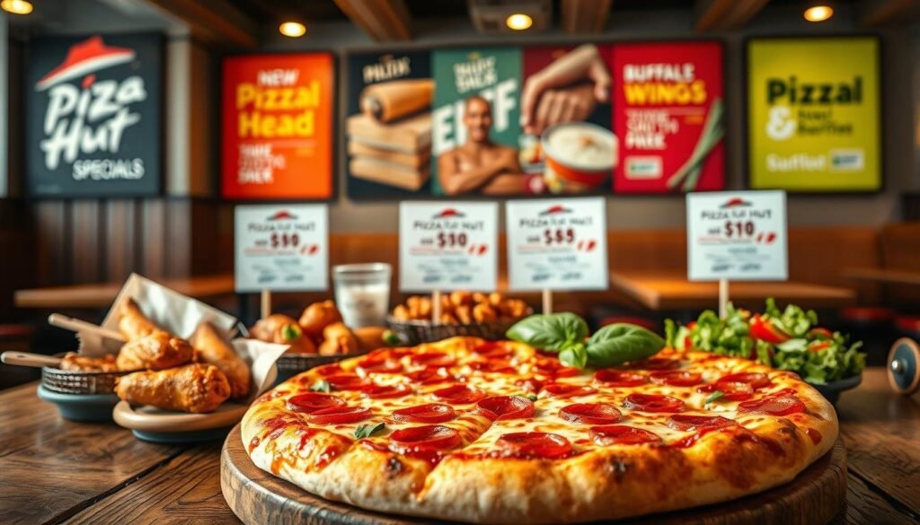 A visually enticing display of various Pizza Hut special deals, prominently showcasing a large pepperoni pizza topped with gooey cheese and fresh basil in the foreground. Surrounding the pizza are delectable sides such as garlic bread, buffalo wings, and a vibrant salad, meticulously arranged on a rustic wooden table. The background features a warm, inviting Pizza Hut restaurant interior with cozy seating and colorful promotional banners highlighting the current deals, softly lit by warm golden lights. Use a shallow depth of field to focus on the delicious food while gently blurring the background, creating a mouthwatering atmosphere that invites diners to indulge. The overall mood should be uplifting and appetizing, evoking a sense of comfort and satisfaction.