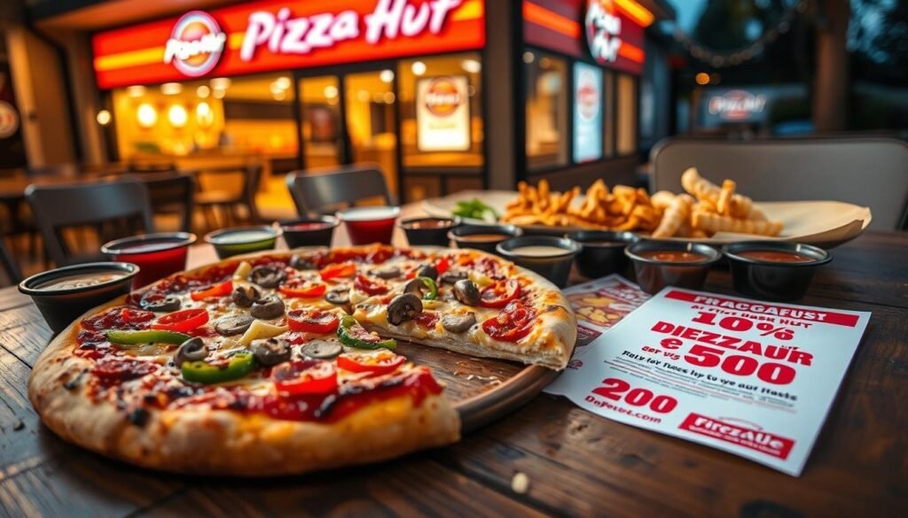 A warm and inviting scene showcasing an assortment of Pizza Hut dishes on a rustic wooden table. In the foreground, a large, half-eaten Pizza Hut pizza topped with vibrant bell peppers, mushrooms, and pepperoni, surrounded by a variety of dipping sauces. In the middle ground, colorful flyers displaying various discount deals and promotions laid casually beside the pizza. The background features a softly blurred Pizza Hut restaurant exterior, illuminated by warm golden lighting during the evening, creating a cozy atmosphere. The angle is slightly elevated, capturing the table setting while maintaining focus on the delicious food. The overall mood is inviting and enticing, perfect for showcasing value and deliciousness. A warm and inviting scene showcasing an assortment of Pizza Hut dishes on a rustic wooden table. In the foreground, a large, half-eaten Pizza Hut pizza topped with vibrant bell peppers, mushrooms, and pepperoni, surrounded by a variety of dipping sauces. In the middle ground, colorful flyers displaying various discount deals and promotions laid casually beside the pizza. The background features a softly blurred Pizza Hut restaurant exterior, illuminated by warm golden lighting during the evening, creating a cozy atmosphere. The angle is slightly elevated, capturing the table setting while maintaining focus on the delicious food. The overall mood is inviting and enticing, perfect for showcasing value and deliciousness.