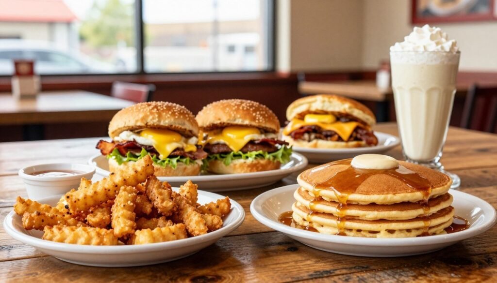 A beautifully arranged Five Guys breakfast menu displayed on a rustic wooden table, featuring an assortment of delicious breakfast items. In the foreground, crispy golden hash browns, fluffy pancakes drizzled with syrup, and a creamy breakfast milkshake sit enticingly. In the middle, mouthwatering breakfast sandwiches with fresh ingredients, including eggs, bacon, and cheese, create a hearty feast. The background should be softly blurred to show a warm, inviting restaurant atmosphere with bright natural light coming through large windows. The image should evoke a cozy and welcoming mood, capturing the essence of a perfect breakfast experience at Five Guys. Use a warm color palette, with a focus on the textures and details of the food items, and a slight overhead angle to enhance the visual appeal.