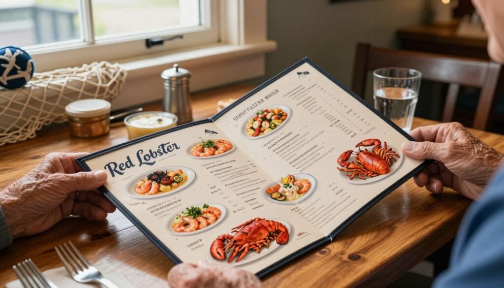 A beautifully arranged Red Lobster senior citizen menu placed prominently on a wooden table. The menu features a variety of delicious seafood dishes, elegantly illustrated with mouthwatering images of shrimp, lobster, and crab. In the foreground, a pair of hands, one elderly, gently holds the menu, showcasing the thoughtful design. In the middle, soft natural light filters in from a nearby window, creating a warm and inviting atmosphere, perfect for friendly dining experiences. The background features a cozy, nautical-themed restaurant interior with tasteful decor, including fishing nets and maritime accents. The overall mood is relaxed and social, encouraging companionship. The image is taken from a slightly elevated angle, emphasizing the details of the menu while preserving the inviting dining environment.