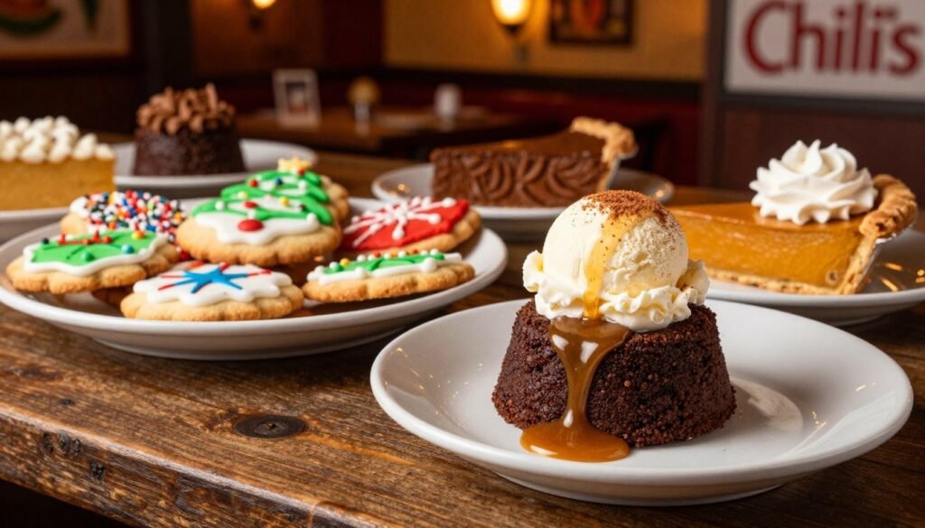 A beautifully arranged display of Chili's seasonal desserts on a rustic wooden table, showcasing a variety of colorful treats. In the foreground, feature a decadent chocolate lava cake with molten center, drizzled with rich caramel and topped with a scoop of vanilla ice cream. Beside it, a vibrant pumpkin pie slice adorned with whipped cream and a sprinkle of cinnamon. In the middle, an inviting plate of festive holiday cookies, beautifully decorated with icing and sprinkles. The background features soft, warm lighting creating a cozy, inviting atmosphere, with blurred hints of Chili's restaurant décor. The angle is slightly elevated, capturing the textures and details of the desserts while maintaining a warm, indulgent feeling suitable for a dessert menu feature. A beautifully arranged display of Chili's seasonal desserts on a rustic wooden table, showcasing a variety of colorful treats. In the foreground, feature a decadent chocolate lava cake with molten center, drizzled with rich caramel and topped with a scoop of vanilla ice cream. Beside it, a vibrant pumpkin pie slice adorned with whipped cream and a sprinkle of cinnamon. In the middle, an inviting plate of festive holiday cookies, beautifully decorated with icing and sprinkles. The background features soft, warm lighting creating a cozy, inviting atmosphere, with blurred hints of Chili's restaurant décor. The angle is slightly elevated, capturing the textures and details of the desserts while maintaining a warm, indulgent feeling suitable for a dessert menu feature.