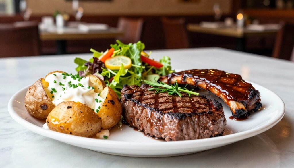 A beautifully arranged plate featuring Chili's premium steaks and smokehouse combos, centered in a well-lit, elegant dining setting. In the foreground, showcase a perfectly grilled medium-rare steak, with grill marks, garnished with fresh herbs, alongside a generous portion of loaded baked potatoes topped with sour cream and chives. A side of smoky, flavorful ribs drizzled with barbecue sauce complements the steak. In the middle ground, place a rich, vibrant salad with fresh greens and colorful vegetables. The background should feature a warm, inviting restaurant ambiance with dimmed lights and wooden accents, enhancing the savory atmosphere. Use natural lighting to highlight the food textures and make the colors pop, capturing a cozy yet upscale dining experience.