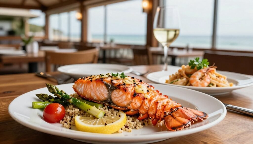 A beautifully arranged plate of fresh seafood entrees, featuring a vibrant grilled salmon fillet atop a bed of lemon-infused quinoa, with sautéed asparagus and cherry tomatoes on the side. In the foreground, a lobster tail dressed in garlic butter glistens under soft, warm lighting, while a well-crafted shrimp scampi presentation is visible nearby, garnished with fresh parsley. The middle ground showcases a wooden table adorned with elegant cutlery and a glass of white wine. In the background, an inviting coastal restaurant ambiance can be seen, with seaside decor and soft natural light pouring in through large windows, creating a warm and appetizing atmosphere. The scene conveys a feeling of indulgence and freshness, perfect for seafood lovers.