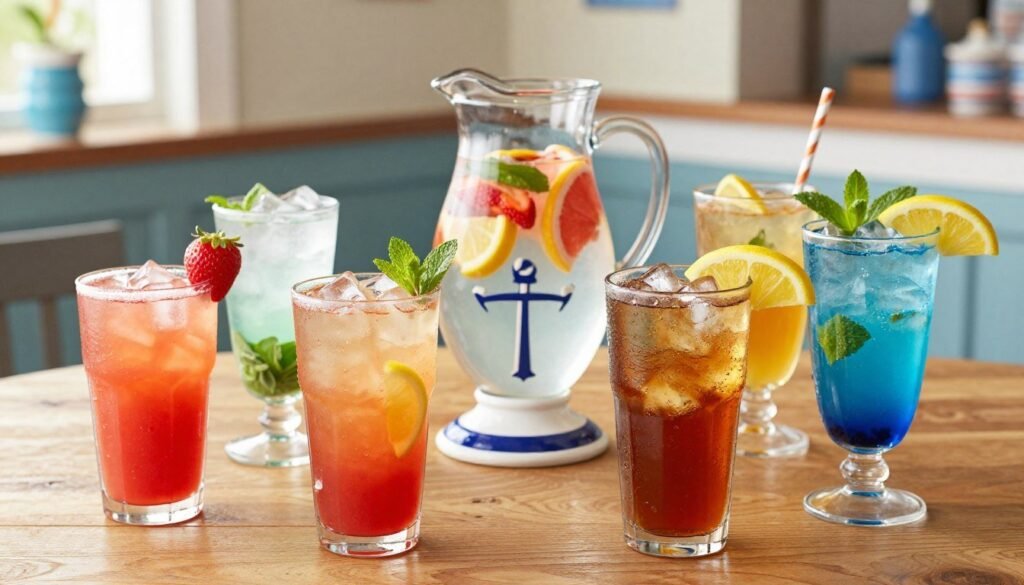 A beautifully arranged selection of Red Lobster's non-alcoholic beverages displayed on a wooden table. In the foreground, showcase a colorful array of drinks, including a vibrant strawberry lemonade garnished with fresh fruit, a tall glass of ice-cold iced tea with a slice of lemon, and a refreshing blueberry mint soda decorated with mint leaves. In the middle, include a charming nautical-themed pitcher filled with fruit-infused water, surrounded by fun, family-friendly drinkware. Soft, natural lighting enhances the freshness of the beverages, while a cozy Red Lobster restaurant setting serves as the background, with hints of coastal decor. The overall atmosphere is cheerful and inviting, perfect for family gatherings. No text or logos included.