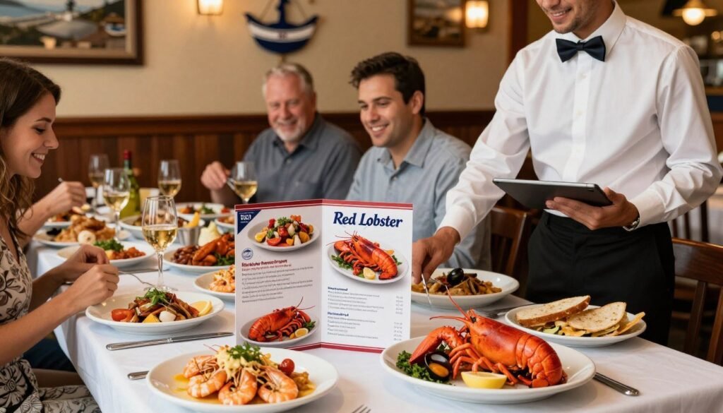A beautifully arranged table at a cozy Red Lobster restaurant, featuring a vibrant display of seafood dishes, with a prominent focus on a "Red Lobster Rewards Program" brochure. The brochure is elegantly designed, showcasing tantalizing images of menu specials and rewards details, surrounded by delicious entrees like garlic butter shrimp and lobster tail. In the foreground, a friendly server in professional attire stands next to the table, smiling and holding a tablet, ready to assist with orders. The middle ground captures diners enjoying their meals, while the background features a warm, inviting atmosphere with nautical decor and soft lighting. The mood is festive and welcoming, ideal for showcasing exclusive deals and rewards. Camera angle from slightly above for a comprehensive view. A beautifully arranged table at a cozy Red Lobster restaurant, featuring a vibrant display of seafood dishes, with a prominent focus on a "Red Lobster Rewards Program" brochure. The brochure is elegantly designed, showcasing tantalizing images of menu specials and rewards details, surrounded by delicious entrees like garlic butter shrimp and lobster tail. In the foreground, a friendly server in professional attire stands next to the table, smiling and holding a tablet, ready to assist with orders. The middle ground captures diners enjoying their meals, while the background features a warm, inviting atmosphere with nautical decor and soft lighting. The mood is festive and welcoming, ideal for showcasing exclusive deals and rewards. Camera angle from slightly above for a comprehensive view.