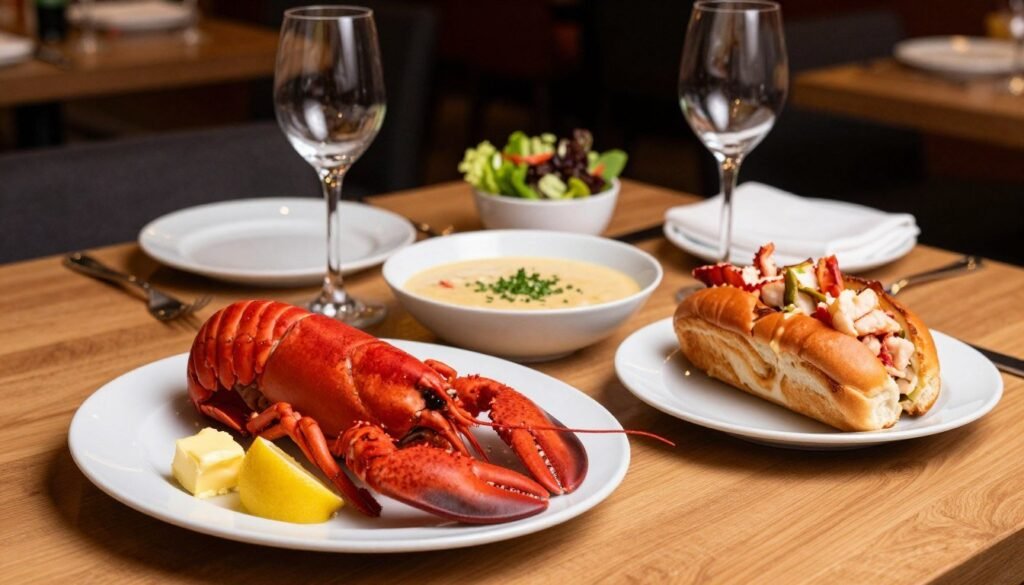 A beautifully arranged table featuring a variety of exquisite lobster dishes. In the foreground, a vibrant red lobster served on a classic white plate, accompanied by drawn butter and lemon wedges. Beside it, a creamy lobster bisque garnished with fresh herbs, and a lobster roll overflowing with tender chunks of meat in a toasted bun. In the middle, a clean wooden table accentuated with elegant cutlery, sparkling wine glasses, and small dishes of side salads. The background softly fades into a cozy restaurant setting with warm, ambient lighting and blurred culinary décor, creating an inviting atmosphere. Focused shot from a slightly elevated angle to capture the richness and details of each dish, evoking a sense of luxury and culinary delight.