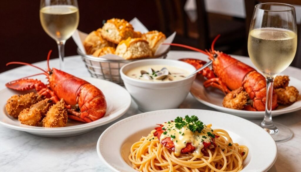A beautifully arranged table filled with enticing Red Lobster menu items, prominently featuring succulent lobster tail, crispy fried shrimp, and creamy garlic butter sauce. In the foreground, a plate of lobster linguine garnished with fresh parsley, with a glass of chilled white wine beside it. In the middle, a bowl of savory clam chowder and a basket of warm, fluffy cheddar bay biscuits, with a soft focus on the food to highlight textures. The background shows a cozy restaurant ambiance, softly lit with warm golden tones, creating an inviting atmosphere. Use a slight overhead angle to capture the richness of the meal while emphasizing presentation. The overall mood is warm and delicious, perfect for highlighting Red Lobster's current specials. A beautifully arranged table filled with enticing Red Lobster menu items, prominently featuring succulent lobster tail, crispy fried shrimp, and creamy garlic butter sauce. In the foreground, a plate of lobster linguine garnished with fresh parsley, with a glass of chilled white wine beside it. In the middle, a bowl of savory clam chowder and a basket of warm, fluffy cheddar bay biscuits, with a soft focus on the food to highlight textures. The background shows a cozy restaurant ambiance, softly lit with warm golden tones, creating an inviting atmosphere. Use a slight overhead angle to capture the richness of the meal while emphasizing presentation. The overall mood is warm and delicious, perfect for highlighting Red Lobster's current specials.