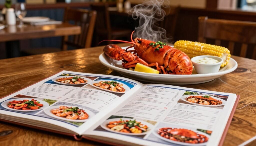 A beautifully arranged table showcasing a Red Lobster menu, prominently featuring vibrant images of seafood dishes like lobster, shrimp, and crab. The foreground includes an elegantly designed menu booklet, open to reveal colorful images and enticing descriptions of each dish. In the middle ground, a plate of steaming grilled lobster garnished with lemon and fresh herbs takes center stage, accompanied by a side of buttery corn on the cob and a small bowl of dipping sauce. The background features a cozy, nautical-themed restaurant setting with wooden accents, warm ambient lighting, and soft focus to create a welcoming atmosphere. The scene is captured with a warm tone at eye level, reminiscent of a dining experience that emphasizes comfort and the joy of savoring delicious seafood.