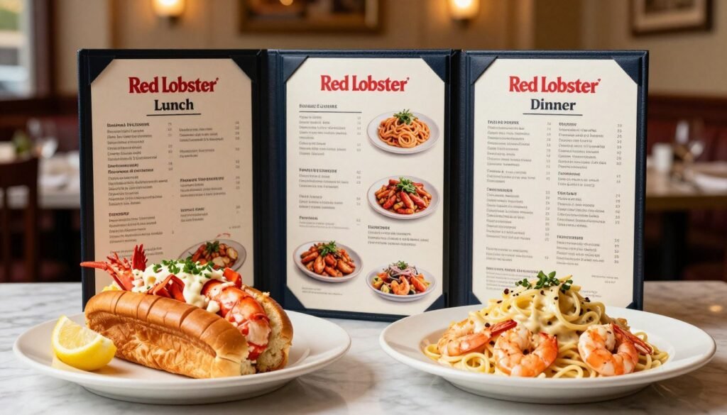 A beautifully arranged table showcasing a side-by-side comparison of Red Lobster's lunch and dinner menus. In the foreground, display vibrant plates of signature seafood dishes: a light and fresh lobster roll with lemon wedges on one side, and an indulgent shrimp linguine in a creamy sauce on the other. In the middle, place elegant, neatly designed menus that feature enticing illustrations of the dishes, highlighting their differences. The background should have a soft-focus ambiance of a cozy, elegant Red Lobster restaurant with subtle lighting that creates a warm, inviting atmosphere. Capture the essence of a delicious seafood experience, emphasizing the contrast between the lighter lunch options and the heartier dinner selections. Ensure the image is crisp and well-lit, evoking an appetizing and engaging mood.