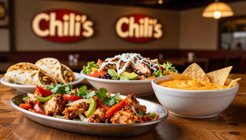 A beautifully arranged table showcasing a variety of Chili's entree options from the 2 for $25 menu. In the foreground, a sizzling platter of chicken fajitas with vibrant bell peppers and onions, garnished with fresh cilantro. Next to it, a tempting bowl of creamy queso and chips. In the middle ground, display a colorful salad topped with grilled chicken, avocado, and a drizzle of ranch dressing. In the background, soft-focus images of Chili's logo and warm lighting that enhances the inviting atmosphere of a casual dining experience. The scene should capture a cozy yet lively restaurant vibe, emphasizing the delicious and diverse fare of the menu. Use a warm color palette with a slight vignette effect to create an appetizing mood, shot at a 45-degree angle to add depth. A beautifully arranged table showcasing a variety of Chili's entree options from the 2 for $25 menu. In the foreground, a sizzling platter of chicken fajitas with vibrant bell peppers and onions, garnished with fresh cilantro. Next to it, a tempting bowl of creamy queso and chips. In the middle ground, display a colorful salad topped with grilled chicken, avocado, and a drizzle of ranch dressing. In the background, soft-focus images of Chili's logo and warm lighting that enhances the inviting atmosphere of a casual dining experience. The scene should capture a cozy yet lively restaurant vibe, emphasizing the delicious and diverse fare of the menu. Use a warm color palette with a slight vignette effect to create an appetizing mood, shot at a 45-degree angle to add depth.