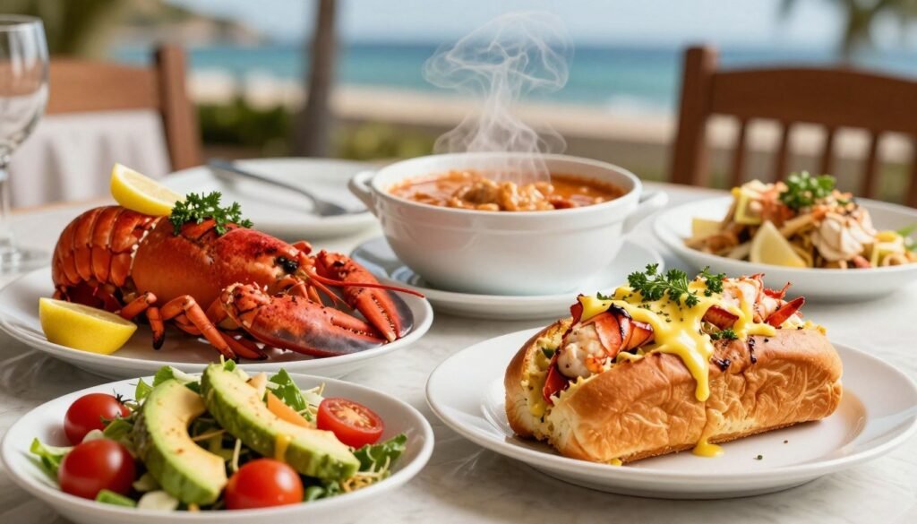 A beautifully arranged table showcasing an array of delicious lobster dishes, featuring a beautifully grilled lobster tail with a garnish of lemon and fresh herbs, alongside a buttery lobster roll overflowing with succulent meat. In the foreground, a vibrant side salad with cherry tomatoes and avocados complements the seafood, while in the middle, a steaming bowl of lobster bisque invites with its rich texture. The background includes an elegant dining setting with soft, warm lighting that enhances the inviting atmosphere, captured from a slightly elevated angle to emphasize the dishes. The mood is cozy and indulgent, ideal for seafood lovers, set against a subtle, blurred backdrop of coastal decor to suggest a seaside dining experience. The image is free of any text, ensuring focus on the delicious seafood offerings. A beautifully arranged table showcasing an array of delicious lobster dishes, featuring a beautifully grilled lobster tail with a garnish of lemon and fresh herbs, alongside a buttery lobster roll overflowing with succulent meat. In the foreground, a vibrant side salad with cherry tomatoes and avocados complements the seafood, while in the middle, a steaming bowl of lobster bisque invites with its rich texture. The background includes an elegant dining setting with soft, warm lighting that enhances the inviting atmosphere, captured from a slightly elevated angle to emphasize the dishes. The mood is cozy and indulgent, ideal for seafood lovers, set against a subtle, blurred backdrop of coastal decor to suggest a seaside dining experience. The image is free of any text, ensuring focus on the delicious seafood offerings.