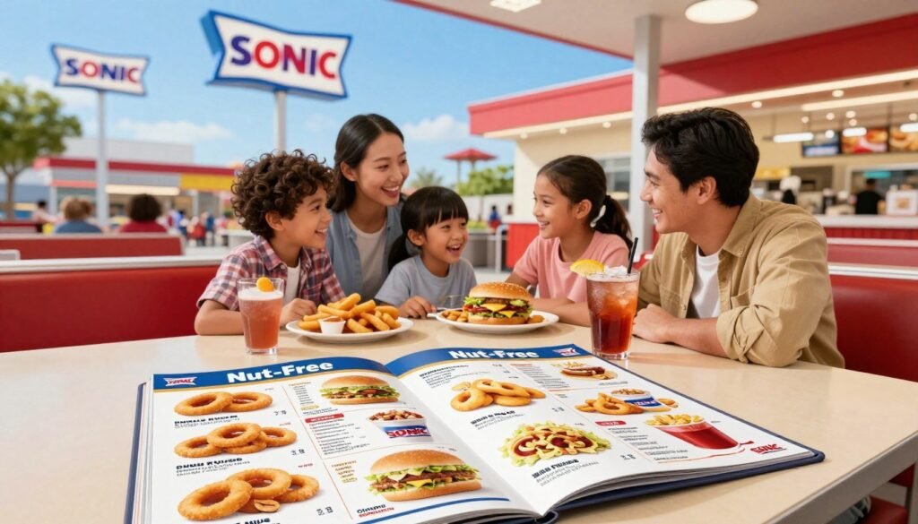 A brightly colored Sonic restaurant menu prominently featuring a "Nut-Free" section. The foreground shows a table with an open menu displaying various allergen-friendly food items like onion rings, burgers (without nuts), and refreshing drinks. Custom Sonic branding and vibrant illustrations of the dishes draw attention. In the middle, a smiling family of four, dressed in casual, comfortable clothing, happily discussing their meal options. The background showcases a bustling Sonic drive-in with bright signage and a clear blue sky, creating a lively atmosphere. The lighting is warm and inviting, capturing the joyful experience of dining while being mindful of nut allergies. A wide-angle shot emphasizes the friendly environment and family-friendly vibe throughout the scene.