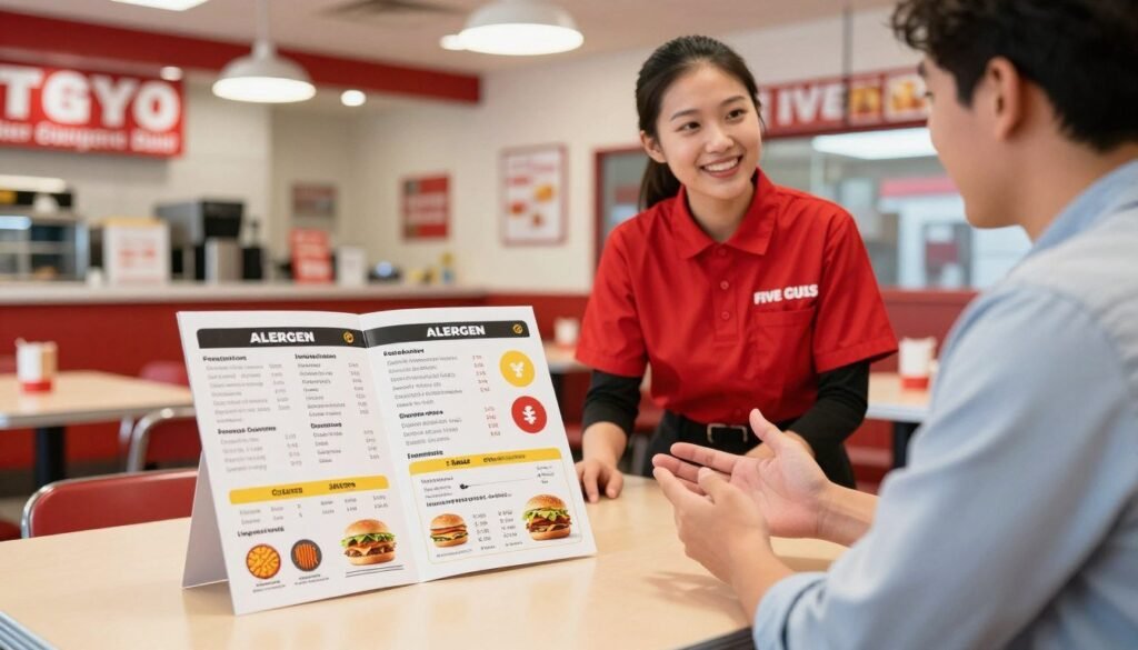 A clean, inviting Five Guys restaurant interior featuring a table with an open allergen information brochure prominently displayed in the foreground. The brochure shows clear sections for various allergens, colorful icons for easy identification, and an appealing layout. In the middle ground, a professional-looking staff member wearing a red Five Guys uniform is engaged in a friendly conversation with a customer, who appears attentive and is gesturing to their allergies, suggesting a clear and informative dialogue. The background showcases the vibrant decor of the restaurant, with bright lighting illuminating the space, emanating a warm and welcoming atmosphere. The scene captures a moment of effective communication, promoting safe ordering practices in a casual dining environment. A clean, inviting Five Guys restaurant interior featuring a table with an open allergen information brochure prominently displayed in the foreground. The brochure shows clear sections for various allergens, colorful icons for easy identification, and an appealing layout. In the middle ground, a professional-looking staff member wearing a red Five Guys uniform is engaged in a friendly conversation with a customer, who appears attentive and is gesturing to their allergies, suggesting a clear and informative dialogue. The background showcases the vibrant decor of the restaurant, with bright lighting illuminating the space, emanating a warm and welcoming atmosphere. The scene captures a moment of effective communication, promoting safe ordering practices in a casual dining environment.