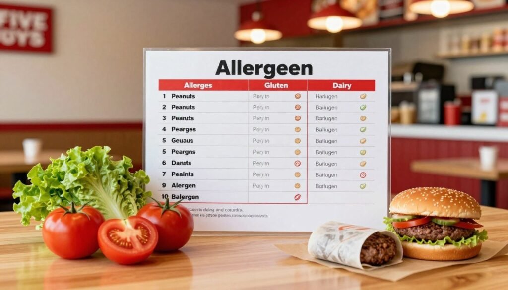 A clean, organized workspace featuring a detailed allergen chart for Five Guys menu items, displayed prominently on a wooden table. In the foreground, a colorful selection of fresh ingredients like lettuce, tomatoes, and unwrapped burger patties, artfully arranged to showcase healthy choices. In the middle, focus on a clear, concise allergen guide, with labeled sections for common allergens such as peanuts, gluten, and dairy, presented in an easy-to-read format. The background features soft, warm lighting to create an inviting atmosphere, with a blurred view of a fast-food restaurant environment, hinting at the bustling nature of Five Guys. The overall mood is informative and approachable, encouraging readers to consider dietary restrictions while enjoying flavorful options.