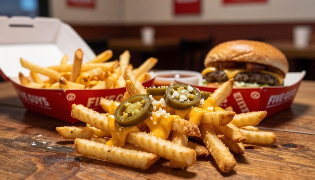 A close-up view of a delicious pile of Five Guys fries artfully arranged on a rustic wooden table, showcasing various secret fry hacks. In the foreground, crispy, golden-brown fries are sprinkled with unconventional toppings like melted cheese, jalapeños, and garlic. The middle ground features an open takeout burger box revealing extra fries, with a side of dipping sauces that hint at insider secrets. The background depicts a cozy, casual burger restaurant ambiance with warm, inviting lighting that casts soft shadows, emphasizing the texture of the fries and the wooden surface. The composition conveys a sense of foodie excitement and insider knowledge, enticing the viewer to discover the hidden culinary delights of Five Guys. A close-up view of a delicious pile of Five Guys fries artfully arranged on a rustic wooden table, showcasing various secret fry hacks. In the foreground, crispy, golden-brown fries are sprinkled with unconventional toppings like melted cheese, jalapeños, and garlic. The middle ground features an open takeout burger box revealing extra fries, with a side of dipping sauces that hint at insider secrets. The background depicts a cozy, casual burger restaurant ambiance with warm, inviting lighting that casts soft shadows, emphasizing the texture of the fries and the wooden surface. The composition conveys a sense of foodie excitement and insider knowledge, enticing the viewer to discover the hidden culinary delights of Five Guys.