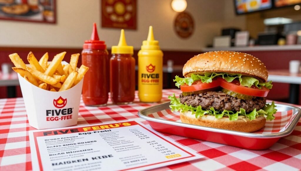 A colorful and appetizing layout of a Five Guys egg-free menu, featuring a delicious burger stacked with fresh toppings like crisp lettuce, juicy tomatoes, and pickles, all placed on a vibrant red and white checkered table. In the foreground, include a serving of golden, crispy fries in a labeled cup, showcasing their texture. In the middle, display a variety of condiments like ketchup and mustard, emphasizing options that are free from egg. The background should feature a cozy Five Guys restaurant interior, with warm lighting casting a welcoming glow. Capture the ambiance with a slightly shallow depth of field, focusing on the menu and food items, while softly blurring the background elements to create a sense of warmth and friendliness. A colorful and appetizing layout of a Five Guys egg-free menu, featuring a delicious burger stacked with fresh toppings like crisp lettuce, juicy tomatoes, and pickles, all placed on a vibrant red and white checkered table. In the foreground, include a serving of golden, crispy fries in a labeled cup, showcasing their texture. In the middle, display a variety of condiments like ketchup and mustard, emphasizing options that are free from egg. The background should feature a cozy Five Guys restaurant interior, with warm lighting casting a welcoming glow. Capture the ambiance with a slightly shallow depth of field, focusing on the menu and food items, while softly blurring the background elements to create a sense of warmth and friendliness.