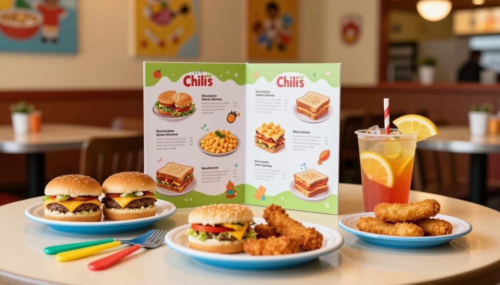 A colorful and inviting children's menu display at Chili's, featuring several playful dishes like mini cheeseburgers, chicken fingers, and a vibrant fruit cup. In the foreground, a beautifully arranged table setting with a small plate of kids’ food and bright, cheerful utensils. In the middle, a creative and fun-themed menu with illustrations of the dishes and playful designs, showcasing options like mac and cheese and grilled cheese sandwiches. The background features a warm, family-friendly restaurant atmosphere with colorful wall decorations and ambient lighting creating a friendly dining experience. The mood is playful and vibrant, encouraging children to enjoy their meal. Soft focus with a slight lens distortion to enhance the whimsical feel of the setting, capturing a fun dining experience for kids. A colorful and inviting children's menu display at Chili's, featuring several playful dishes like mini cheeseburgers, chicken fingers, and a vibrant fruit cup. In the foreground, a beautifully arranged table setting with a small plate of kids’ food and bright, cheerful utensils. In the middle, a creative and fun-themed menu with illustrations of the dishes and playful designs, showcasing options like mac and cheese and grilled cheese sandwiches. The background features a warm, family-friendly restaurant atmosphere with colorful wall decorations and ambient lighting creating a friendly dining experience. The mood is playful and vibrant, encouraging children to enjoy their meal. Soft focus with a slight lens distortion to enhance the whimsical feel of the setting, capturing a fun dining experience for kids.