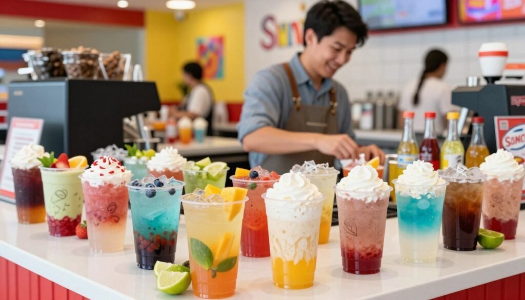 A colorful and vibrant display of Sonic drink customization options on a counter. In the foreground, an assortment of refreshing beverages is presented in clear cups, showcasing layers of different syrups, bright fruit garnishes, and whipped cream toppings. The middle ground features a friendly, casually dressed barista thoughtfully arranging drink ingredients, including fresh fruits, flavored syrups, and ice. In the background, a lively Sonic store environment with bright neon colors and cheerful decorations creates an energizing atmosphere. Bright, natural lighting enhances the inviting scene, while a slight depth of field focuses on the drinks, giving a sense of warmth and excitement. The overall mood is fun and refreshing, inviting viewers to explore their perfect drink combination.
