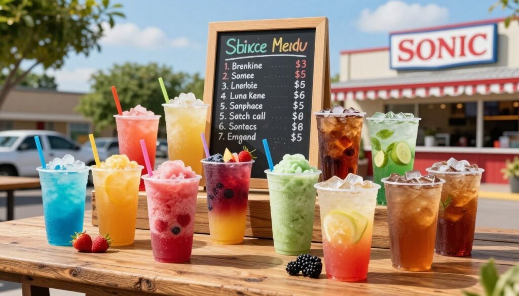A colorful display of Sonic drink menu pricing, featuring an artistic arrangement of various refreshing beverages—slushes, sodas, and iced teas—situated on a rustic wooden table. In the foreground, include vibrant cups filled with different fruity drinks, each showcasing their unique colors and garnishes. In the middle layer, add a chalkboard with neatly written prices for each drink, styled with playful fonts and colorful chalk designs. The background should be a sunny outdoor Sonic drive-in, with bright blue skies and green trees, suggesting a relaxed, summery atmosphere. Utilize soft, natural lighting to enhance the freshness of the drinks, evoking a cheerful and inviting mood suitable for a warm afternoon. Capture the scene from a slightly elevated angle to encapsulate the full vibrant layout.