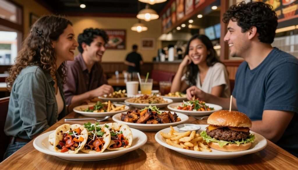 A cozy restaurant setting showcasing a vibrant and inviting dining experience. In the foreground, a beautifully arranged table with two enticing plates featuring popular entries from Chili's 2 for $25 menu, highlighting items like mouthwatering fajitas and delectable burgers. In the middle ground, cheerful diners in modest casual clothing share laughter over a lively meal, creating a warm and friendly atmosphere. The background reveals the restaurant's charming decor with dimmed lighting, wooden accents, and a slightly blurred view of a busy kitchen. The lens captures the scene from a slight angle to emphasize the delicious food while including a soft bokeh effect that enhances the inviting mood, making it feel like a perfect spot for a casual yet satisfying dining experience. A cozy restaurant setting showcasing a vibrant and inviting dining experience. In the foreground, a beautifully arranged table with two enticing plates featuring popular entries from Chili's 2 for $25 menu, highlighting items like mouthwatering fajitas and delectable burgers. In the middle ground, cheerful diners in modest casual clothing share laughter over a lively meal, creating a warm and friendly atmosphere. The background reveals the restaurant's charming decor with dimmed lighting, wooden accents, and a slightly blurred view of a busy kitchen. The lens captures the scene from a slight angle to emphasize the delicious food while including a soft bokeh effect that enhances the inviting mood, making it feel like a perfect spot for a casual yet satisfying dining experience.