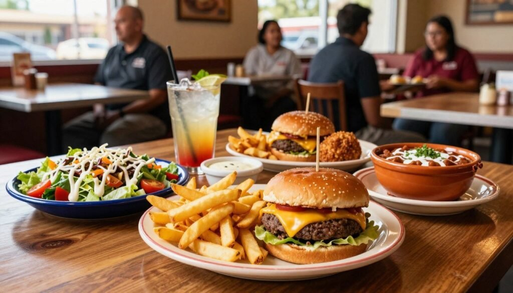 A cozy table set for a diverse selection of complete lunch combos from Chili's, featuring a colorful array of dishes. In the foreground, a vibrant plate showcases a classic cheeseburger with crispy fries, a fresh salad drizzled with dressing, and a hearty bowl of chili. In the middle ground, a refreshing beverage and dipping sauces are artfully arranged, with a backdrop of a warm, inviting restaurant interior featuring friendly staff in professional casual attire. Soft natural lighting filters in through large windows, creating a relaxed atmosphere. Capture the essence of affordable midday meals with a slightly elevated angle to emphasize the deliciousness and variety of the combinations, inviting the viewer into a satisfying dining experience.