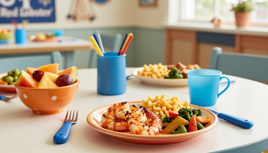 A delightful scene showcasing a colorful children's meal from Red Lobster, featuring gluten-free options. In the foreground, a vibrant plate presents a small serving of grilled shrimp, accompanied by gluten-free mac and cheese and seasonal veggies. A fun, playful bowl of mixed fruit adds a splash of color. In the middle, a well-set dining table with a cheerful, family-friendly atmosphere, including kid-sized utensils and bright tableware. In the background, a softly lit restaurant ambiance with nautical decor elements, such as fishing nets and seashells, creating a warm and inviting mood. The lighting is bright and natural, suggesting a cozy afternoon dining experience, captured at eye level to emphasize the delicious kids' meal.