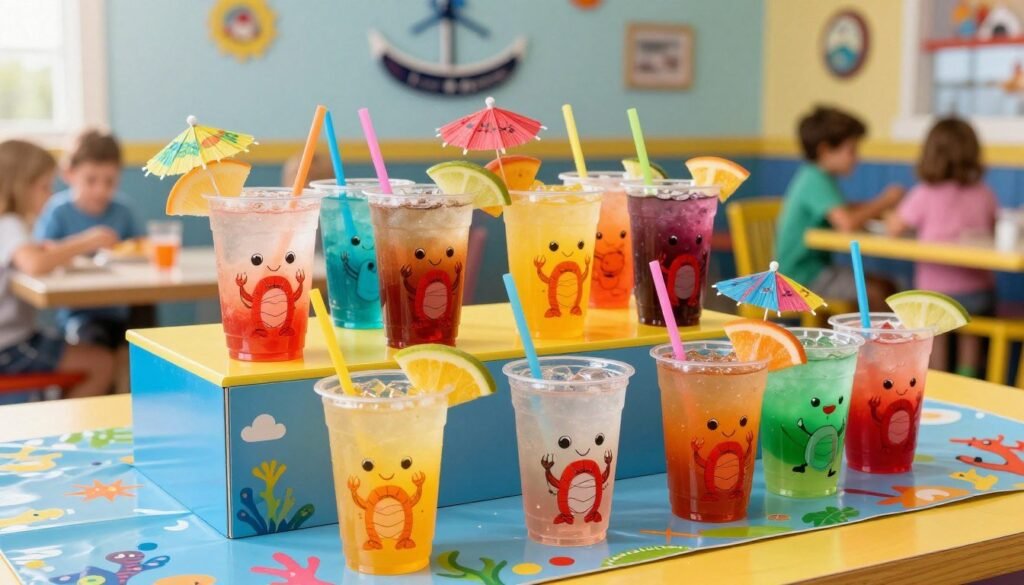 A vibrant Red Lobster kids menu drinks display featuring colorful beverages designed for children. In the foreground, showcase cute, cartoon-themed cups filled with juices and soft drinks, adorned with playful straws and whimsical garnishes like fruit slices and colorful umbrellas. The middle layer should include a delightful variety of drink options, arranged neatly on a bright table, with a playful tablecloth featuring marine designs. In the background, a cheerful restaurant setting can be subtly hinted at, with nautical decor and family-friendly seating. The lighting should be bright and inviting, emphasizing the cheerful atmosphere, with a slight lens flare to create a sunny, fun mood. Capture the scene at a slight angle to give depth and perspective, making it feel lively and engaging for young diners.