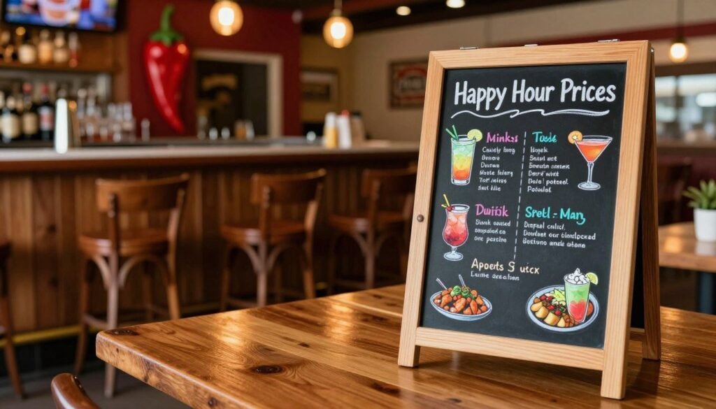 A vibrant and inviting "Happy Hour Prices" menu displayed on a rustic wooden table at a Chili's restaurant. In the foreground, a colorful chalkboard stands, elegantly listing discounted drink specials and appetizers, showcasing appealing graphics of cocktails and food. In the middle ground, a stylish bar area with wooden stools and warm ambient lighting enhances the welcoming atmosphere. The background features a cozy dining area with vibrant chili pepper decor, adding to the restaurant’s lively ambiance. Soft evening light filters in, creating a cheerful mood that highlights the rich colors of the drinks and food items. The image is captured with a slight angle to emphasize depth, using a warm color palette to evoke a sense of relaxation and enjoyment during happy hour. A vibrant and inviting "Happy Hour Prices" menu displayed on a rustic wooden table at a Chili's restaurant. In the foreground, a colorful chalkboard stands, elegantly listing discounted drink specials and appetizers, showcasing appealing graphics of cocktails and food. In the middle ground, a stylish bar area with wooden stools and warm ambient lighting enhances the welcoming atmosphere. The background features a cozy dining area with vibrant chili pepper decor, adding to the restaurant’s lively ambiance. Soft evening light filters in, creating a cheerful mood that highlights the rich colors of the drinks and food items. The image is captured with a slight angle to emphasize depth, using a warm color palette to evoke a sense of relaxation and enjoyment during happy hour.