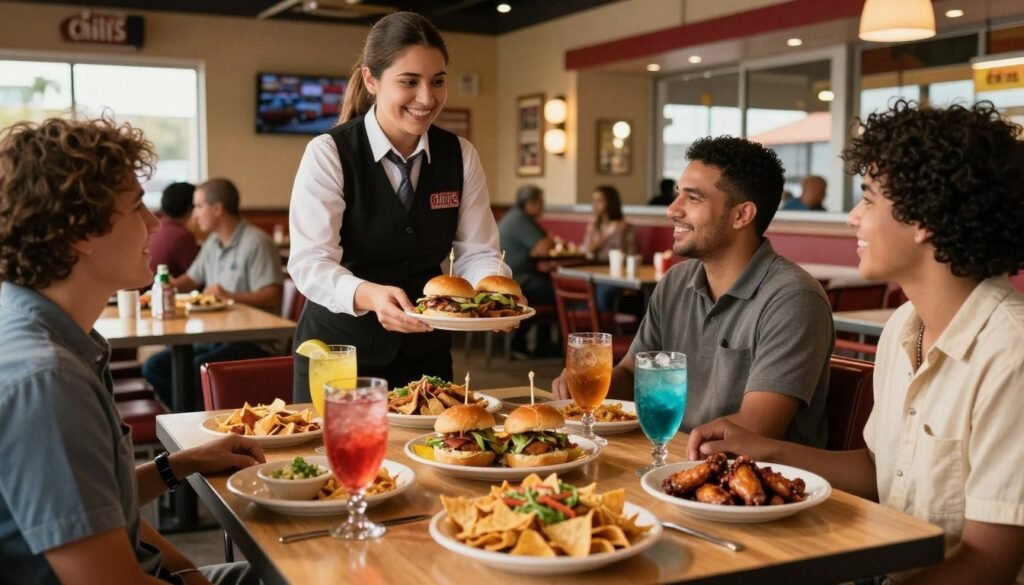 A vibrant and inviting depiction of a Chili's restaurant interior during happy hour. In the foreground, a beautifully arranged table features colorful appetizers like nachos, sliders, and wings, with a variety of drinks in stylish glasses showcasing vibrant colors. In the middle ground, friendly staff in smart casual attire serve customers with warm smiles, enhancing the welcoming atmosphere. The background includes the lively décor of the restaurant, with soft, ambient lighting creating a warm, relaxed mood. Natural light filters through large windows, casting gentle shadows and highlighting the inviting environment. The overall scene is designed to evoke the joy of socializing over delicious food at a happy hour. A vibrant and inviting depiction of a Chili's restaurant interior during happy hour. In the foreground, a beautifully arranged table features colorful appetizers like nachos, sliders, and wings, with a variety of drinks in stylish glasses showcasing vibrant colors. In the middle ground, friendly staff in smart casual attire serve customers with warm smiles, enhancing the welcoming atmosphere. The background includes the lively décor of the restaurant, with soft, ambient lighting creating a warm, relaxed mood. Natural light filters through large windows, casting gentle shadows and highlighting the inviting environment. The overall scene is designed to evoke the joy of socializing over delicious food at a happy hour.