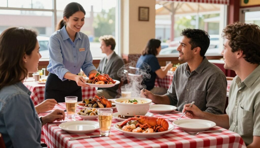 A vibrant and inviting scene showcasing a cozy Red Lobster restaurant during lunch hours. In the foreground, a beautifully set table with a checkered red-and-white tablecloth features a delicious seafood feast, including shrimp, lobster, and clam chowder, steam rising gently from the dishes. The middle includes friendly staff in professional business attire serving customers with warm smiles, evoking a friendly and engaging atmosphere. In the background, large windows reveal a sunlit day outside, creating a cheerful vibe enhanced by soft natural lighting. The overall mood is welcoming and lively, perfect for a weekday lunch setting, focusing on the freshness of the seafood and the enjoyment of dining out.