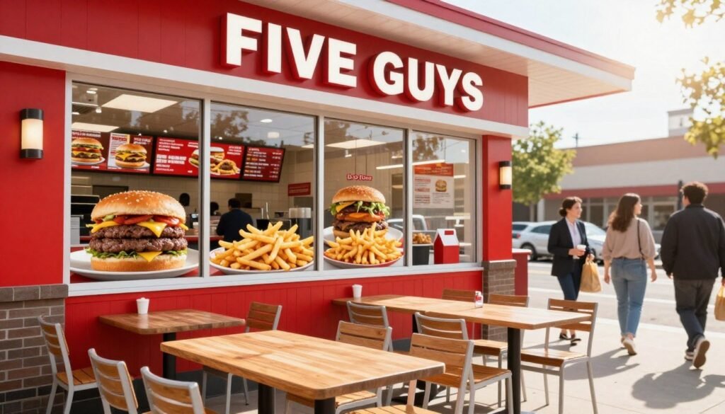 A vibrant and welcoming Five Guys restaurant exterior, showcasing its signature red and white color scheme. In the foreground, a neatly arranged outdoor seating area with wooden tables and chairs, perfect for enjoying burgers and fries. The middle ground features large glass windows displaying the tantalizing menu items inside, emphasizing juicy burgers stacked high with toppings and crispy golden fries. In the background, the bustling street scene with people casually walking by, some holding takeaway bags, all dressed in professional attire or casual clothing, suggesting a lively dining atmosphere. The image should be bathed in warm, natural light, with a slight lens flare effect simulating a sunny day, capturing the enticing and family-friendly vibe of Five Guys locations. A vibrant and welcoming Five Guys restaurant exterior, showcasing its signature red and white color scheme. In the foreground, a neatly arranged outdoor seating area with wooden tables and chairs, perfect for enjoying burgers and fries. The middle ground features large glass windows displaying the tantalizing menu items inside, emphasizing juicy burgers stacked high with toppings and crispy golden fries. In the background, the bustling street scene with people casually walking by, some holding takeaway bags, all dressed in professional attire or casual clothing, suggesting a lively dining atmosphere. The image should be bathed in warm, natural light, with a slight lens flare effect simulating a sunny day, capturing the enticing and family-friendly vibe of Five Guys locations.