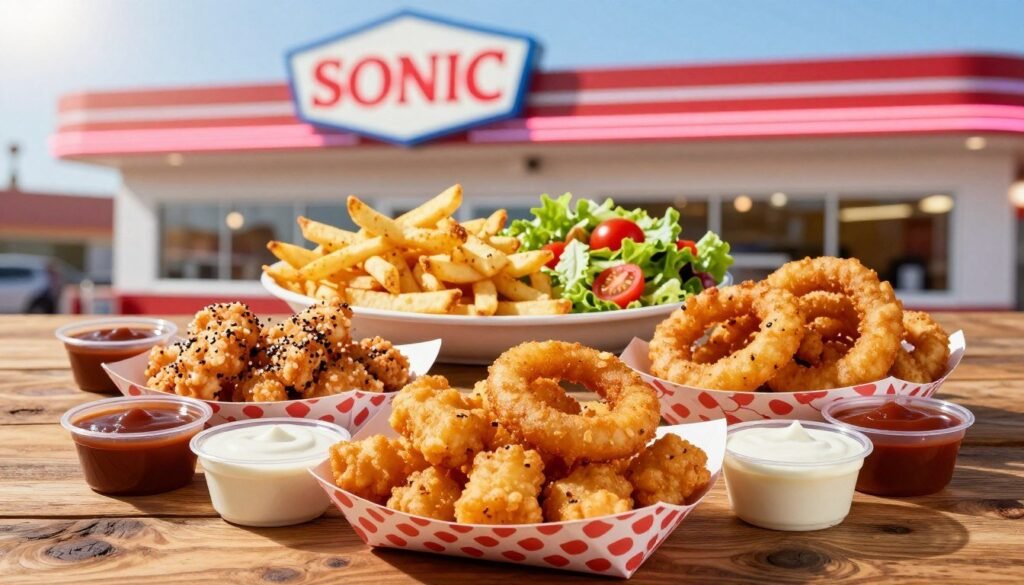 A vibrant, appetizing spread of Sonic's affordable sides, arranged on a rustic wooden table. In the foreground, crispy tater tots and golden onion rings are presented in stylish paper baskets, surrounded by small dipping sauces like ranch and barbecue. The middle layer features a plate of perfectly cooked, lightly seasoned fries alongside a vibrant, fresh salad with colorful cherry tomatoes and crisp lettuce. In the background, a classic Sonic Drive-In restaurant can be seen with its bright neon colors and retro aesthetic, evoking a cheerful atmosphere. The scene is illuminated by warm, inviting sunlight, creating a cozy dining vibe. Use a soft focus on the background while keeping the food items in sharp detail, emphasizing the deliciousness of affordable eats that satisfy any craving.