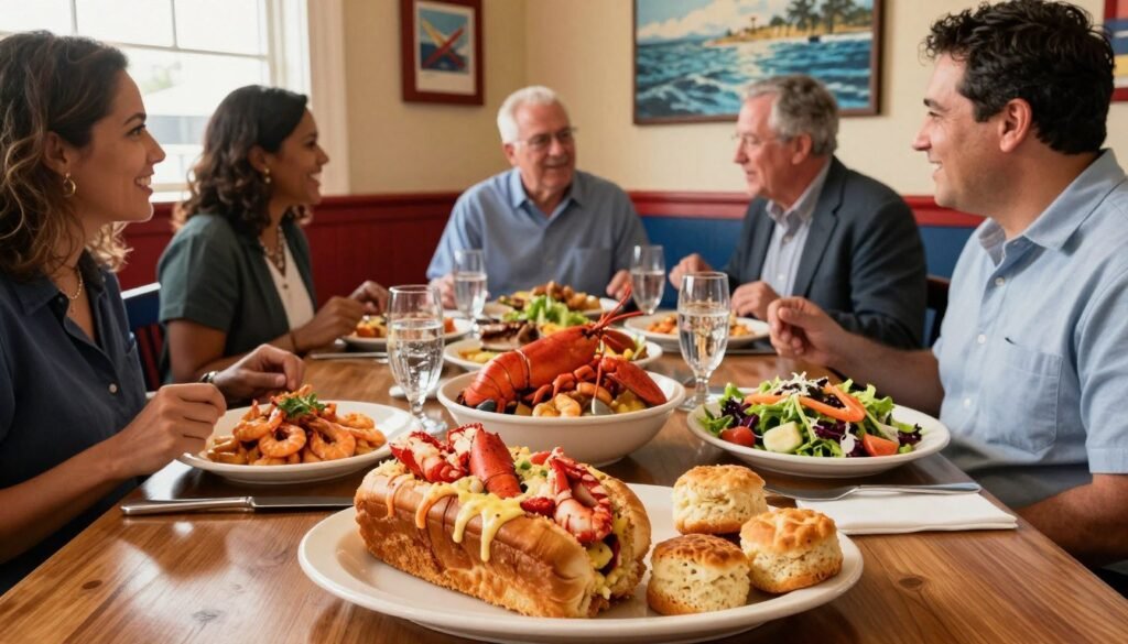 A vibrant dining scene at a Red Lobster restaurant during lunchtime, showcasing a beautifully arranged table filled with delicious seafood dishes, including buttery lobster, shrimp scampi, and a fresh garden salad. In the foreground, a plate of golden, crispy lobster rolls shares space with a side of warm, fluffy biscuits. In the middle ground, diners in smart casual attire chat animatedly, creating a lively atmosphere. The background features a warm nautical theme with red and blue decor, soft natural lighting filtering through large windows, and ocean-inspired art on the walls. The overall mood is inviting and cozy, capturing the essence of a delightful seafood lunch experience. A vibrant dining scene at a Red Lobster restaurant during lunchtime, showcasing a beautifully arranged table filled with delicious seafood dishes, including buttery lobster, shrimp scampi, and a fresh garden salad. In the foreground, a plate of golden, crispy lobster rolls shares space with a side of warm, fluffy biscuits. In the middle ground, diners in smart casual attire chat animatedly, creating a lively atmosphere. The background features a warm nautical theme with red and blue decor, soft natural lighting filtering through large windows, and ocean-inspired art on the walls. The overall mood is inviting and cozy, capturing the essence of a delightful seafood lunch experience.