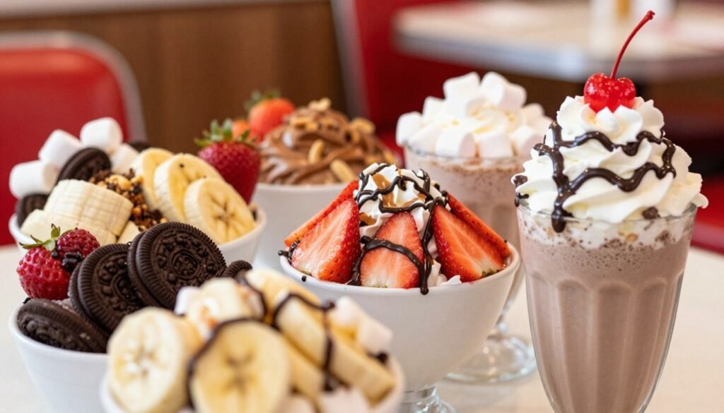 A vibrant display of Five Guys milkshake mix-in options, featuring bowls filled with an assortment of colorful toppings such as crushed Oreos, fresh strawberries, bananas, marshmallows, and peanut butter cups. In the foreground, slightly blurred to suggest depth, a creamy milkshake topped with whipped cream, drizzled chocolate, and a cherry sits invitingly. The middle features an array of mix-ins artfully arranged, showcasing their rich textures and colors. The background is softly illuminated with warm, inviting light, creating a cozy atmosphere reminiscent of a classic American diner. Use a close-up angle to emphasize the delicious detail of each ingredient, ensuring a mouth-watering presentation that captures the essence of indulgent milkshakes. A vibrant display of Five Guys milkshake mix-in options, featuring bowls filled with an assortment of colorful toppings such as crushed Oreos, fresh strawberries, bananas, marshmallows, and peanut butter cups. In the foreground, slightly blurred to suggest depth, a creamy milkshake topped with whipped cream, drizzled chocolate, and a cherry sits invitingly. The middle features an array of mix-ins artfully arranged, showcasing their rich textures and colors. The background is softly illuminated with warm, inviting light, creating a cozy atmosphere reminiscent of a classic American diner. Use a close-up angle to emphasize the delicious detail of each ingredient, ensuring a mouth-watering presentation that captures the essence of indulgent milkshakes.