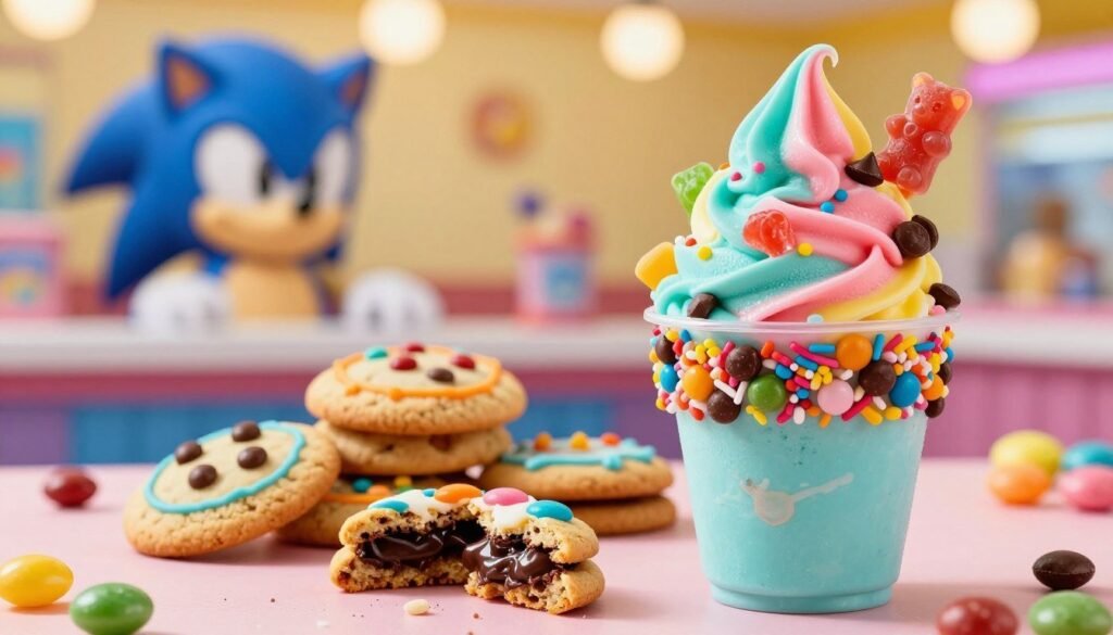 A vibrant display of Sonic Blast flavors, featuring a colorful assortment of candy and cookie creations. In the foreground, a tall, frosty cup overflowing with creamy, swirled ice cream in bold colors such as teal, pink, and yellow, topped with an array of candy pieces like gummy bears, chocolate chips, and sprinkles. In the middle, an assortment of cookies, some whole and others broken in half, showcasing gooey chocolate and vibrant icing in playful patterns. The background is a dreamy, blurred representation of a Sonic drive-in, with warm, inviting lighting that adds a cheerful atmosphere. The scene is captured with a shallow depth of field, emphasizing the dessert while softly blurring the background, creating a delightful, indulgent feel.