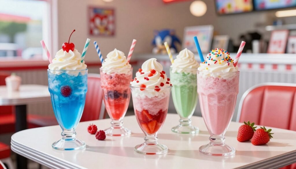 A vibrant display of Sonic's frozen treats, featuring a variety of colorful slushes, milkshakes, and frozen desserts. In the foreground, a tall, frosty blue raspberry slush with a swirl of whipped cream and a cherry on top, alongside a luscious strawberry milkshake topped with rainbow sprinkles. In the middle, an enticing arrangement of Sonic's signature frozen treats, showcased on a classic diner-style table with checkered patterns. The background reveals a bright, sun-drenched diner scene with retro décor, reflecting a cheerful atmosphere. Soft, natural lighting enhances the colors, while a slight bokeh effect adds depth to the background, creating a refreshing, indulgent mood ideal for summer cravings.