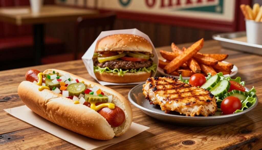 A vibrant display of gluten-free fast food options on a rustic wooden table. In the foreground, a freshly prepared hot dog in a gluten-free bun, garnished with colorful toppings like diced onions, pickles, and mustard, exuding a mouthwatering appeal. Beside it, a juicy grilled chicken breast seasoned to perfection, complemented by a crisp side salad with cherry tomatoes and cucumber. In the middle, a neatly packaged gluten-free burger with a side of sweet potato fries, artistically arranged. The background features a softly blurred diner setting with warm, inviting lighting and a hint of vintage decor, creating a friendly atmosphere. The shot is taken from a slightly elevated angle, capturing the enticing depth and textures of the food, evoking a sense of comfort and indulgence. A vibrant display of gluten-free fast food options on a rustic wooden table. In the foreground, a freshly prepared hot dog in a gluten-free bun, garnished with colorful toppings like diced onions, pickles, and mustard, exuding a mouthwatering appeal. Beside it, a juicy grilled chicken breast seasoned to perfection, complemented by a crisp side salad with cherry tomatoes and cucumber. In the middle, a neatly packaged gluten-free burger with a side of sweet potato fries, artistically arranged. The background features a softly blurred diner setting with warm, inviting lighting and a hint of vintage decor, creating a friendly atmosphere. The shot is taken from a slightly elevated angle, capturing the enticing depth and textures of the food, evoking a sense of comfort and indulgence.