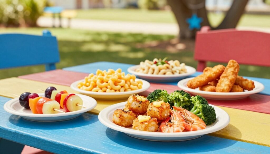 A vibrant display of kid-friendly dishes from the Red Lobster menu, arranged enticingly on a colorful picnic table. In the foreground, a delightful plate featuring buttered lobster bites, crispy shrimp, and a side of steamed broccoli, all presented in fun, cheerful dishes designed for children. In the middle, smaller plates showcase macaroni and cheese, fruit skewers, and crispy fish sticks, creating an inviting assortment. The background features a soft-focus outdoor setting with bright sunshine filtering through tree leaves, evoking a warm, cheerful atmosphere perfect for families. Include playful elements like sea-themed decorations, emphasizing the coastal vibes of Red Lobster. Use natural lighting to enhance the colors and textures of the food, capturing the excitement and joy of mealtime for little ones.