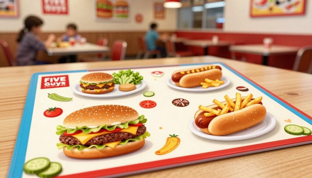 A vibrant illustration showcasing the Five Guys Kids Menu pricing. In the foreground, a colorful menu board features attractive images of classic kids' meals like cheeseburgers, hot dogs, and fries, all styled to appear fresh and appetizing. The middle ground includes small, cheerful plates with miniature portions of these items, surrounded by playful illustrations of ingredients like tomatoes, lettuce, and sliced pickles. The background features a cozy fast-food restaurant interior with warm, inviting lighting, showcasing a family-friendly atmosphere. The scene should radiate a sense of fun and value, making it appealing to both kids and parents. Use a slightly elevated angle to capture the menu details effectively, ensuring the image conveys a delightful dining experience. A vibrant illustration showcasing the Five Guys Kids Menu pricing. In the foreground, a colorful menu board features attractive images of classic kids' meals like cheeseburgers, hot dogs, and fries, all styled to appear fresh and appetizing. The middle ground includes small, cheerful plates with miniature portions of these items, surrounded by playful illustrations of ingredients like tomatoes, lettuce, and sliced pickles. The background features a cozy fast-food restaurant interior with warm, inviting lighting, showcasing a family-friendly atmosphere. The scene should radiate a sense of fun and value, making it appealing to both kids and parents. Use a slightly elevated angle to capture the menu details effectively, ensuring the image conveys a delightful dining experience.