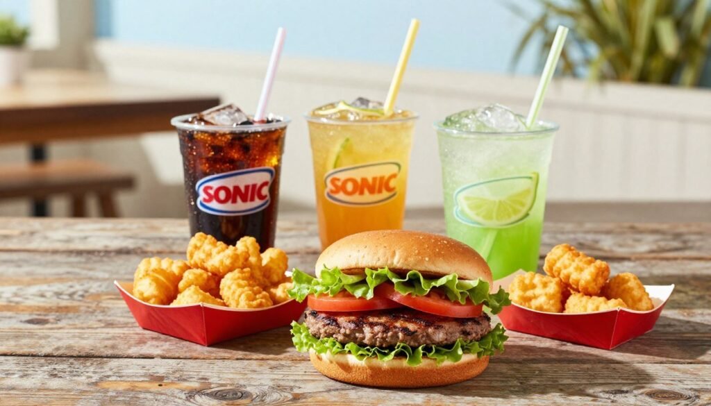 A vibrant, inviting display of Sonic's budget-friendly meal combinations laid on a rustic wooden table. In the foreground, a classic Sonic burger topped with fresh lettuce, tomato, and a perfectly grilled patty, alongside crispy tater tots in a red paper boat. In the middle, a colorful array of drinks including a small soda and a refreshing lemon-lime slush in clear cups, each with a straw. The background features a sunny outdoor setting with soft, diffused lighting to create a cheerful atmosphere, casting gentle shadows that enhance the meal's textures. The composition emphasizes affordability and satisfaction, sparking the viewer's craving for a delicious yet budget-conscious feast. Focus on a slightly elevated angle to capture the vibrant colors and details of each element.