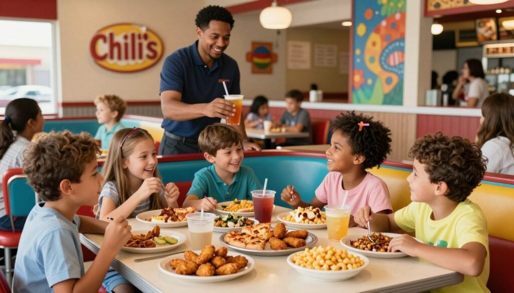 A vibrant, inviting scene set in a Chili's restaurant featuring a cheerful atmosphere. In the foreground, a diverse group of happy children, aged 5 to 10, sitting at a colorful booth, enjoying a variety of delicious kid-friendly dishes like chicken tenders, pizza, and macaroni and cheese. Each child is smiling and engaged in conversation, showcasing a sense of joy and camaraderie. In the middle ground, a friendly waiter in casual attire is serving drinks to the kids, reinforcing the restaurant's welcoming vibe. The background captures Chili's signature decor with playful artwork and bright lighting, creating a warm and friendly ambiance. Use soft, natural lighting to enhance the lively atmosphere, shot from a slightly elevated angle to capture the essence of the dining experience. A vibrant, inviting scene set in a Chili's restaurant featuring a cheerful atmosphere. In the foreground, a diverse group of happy children, aged 5 to 10, sitting at a colorful booth, enjoying a variety of delicious kid-friendly dishes like chicken tenders, pizza, and macaroni and cheese. Each child is smiling and engaged in conversation, showcasing a sense of joy and camaraderie. In the middle ground, a friendly waiter in casual attire is serving drinks to the kids, reinforcing the restaurant's welcoming vibe. The background captures Chili's signature decor with playful artwork and bright lighting, creating a warm and friendly ambiance. Use soft, natural lighting to enhance the lively atmosphere, shot from a slightly elevated angle to capture the essence of the dining experience.