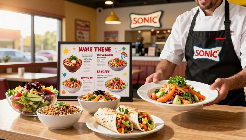 A vibrant, inviting table display at Sonic's with an assortment of allergen-friendly menu options, such as colorful salads, grain bowls, and vegan wraps. In the foreground, a chef wearing a neat apron showcases a beautifully plated dish, garnished with fresh herbs and vibrant vegetables. The middle ground features a menu board that creatively highlights these safe choices, illustrated with colorful images of the food. In the background, the modern Sonic restaurant ambiance is visible, complete with bright signage and cheerful decor. The lighting is warm and inviting, mimicking the afternoon sun filtering through the restaurant windows, creating a friendly and welcoming atmosphere. The composition focuses on the food presentation, emphasizing freshness and healthiness.
