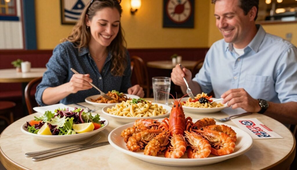A vibrant table setting showcasing an appetizing array of Red Lobster's $10 lunch specials. In the foreground, a beautifully arranged platter with crispy shrimp, creamy garlic pasta, and a fresh garden salad garnished with lemon wedges. In the middle, a stylish circular table with classic Red Lobster branding, accompanied by two guests in smart casual attire, smiling and enjoying their food, capturing a joyful dining experience. The background features a warm, inviting restaurant interior with nautical-themed decor, soft ambient lighting casting a golden glow, highlighting the freshness of the meal. The atmosphere is lively yet relaxed, perfect for a satisfying lunch, with natural depth and focus on the food.